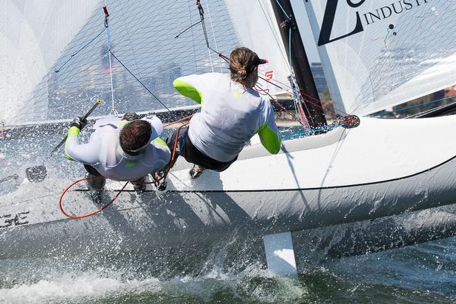 Hard at work for James Clark and Max Puttman. - Pinkster Gin 2017 F18 Australian Championship ©  Alex McKinnon Photography http://www.alexmckinnonphotography.com